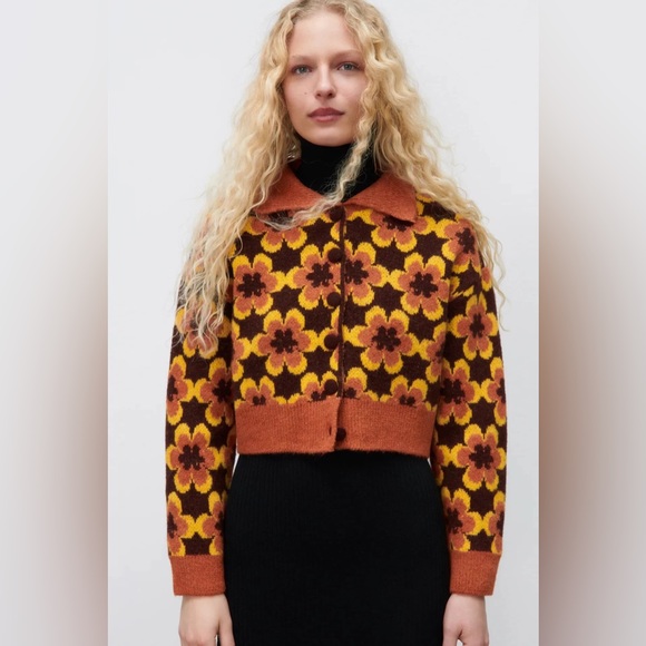 Zara Sweaters - Zara 70's Geometric Floral Print Knit Jacquard Cardigan